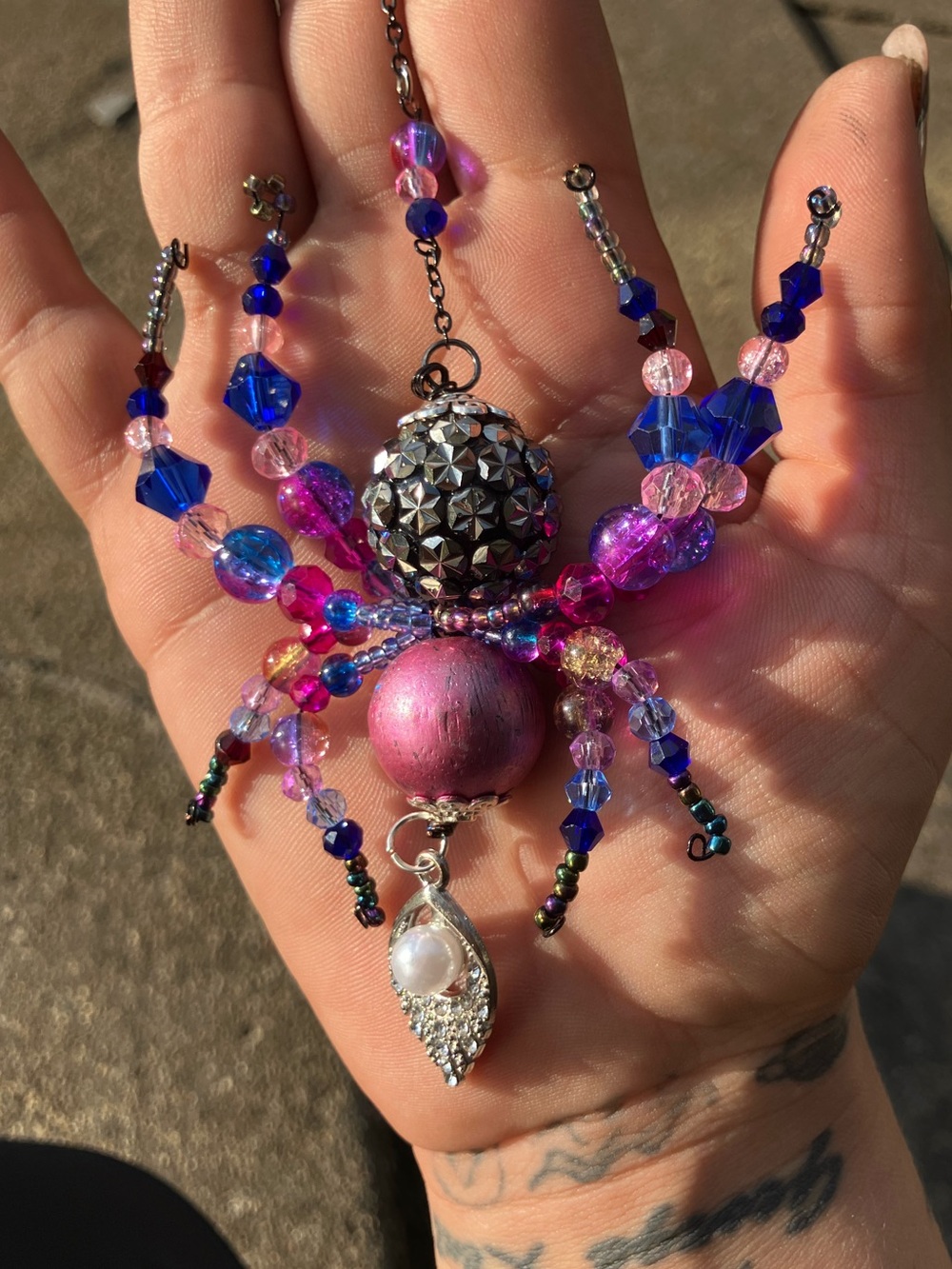 Blue and Pink Beaded Spider Sun catcher with pearl charm and silver accents - Picture 6 of 7